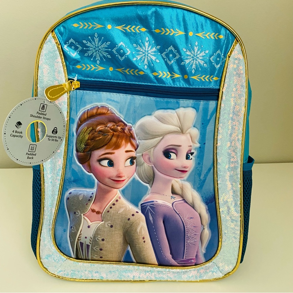 Frozen-2 Anna and Elsa Blue Sparkly School Backpack, NWT.